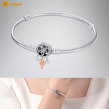 Volayer 925 Sterling Silver Bracelets Pavé Heart Shell Feathers Dreamcatcher Crown Clasp Snake Chain Bracelets Love Wing Bangles
