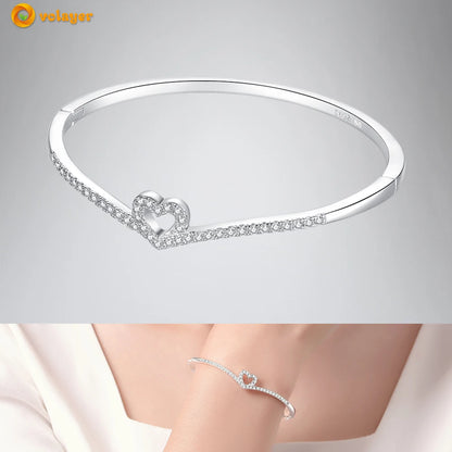 Volayer 925 Sterling Silver Bracelets Pavé Heart Shell Feathers Dreamcatcher Crown Clasp Snake Chain Bracelets Love Wing Bangles