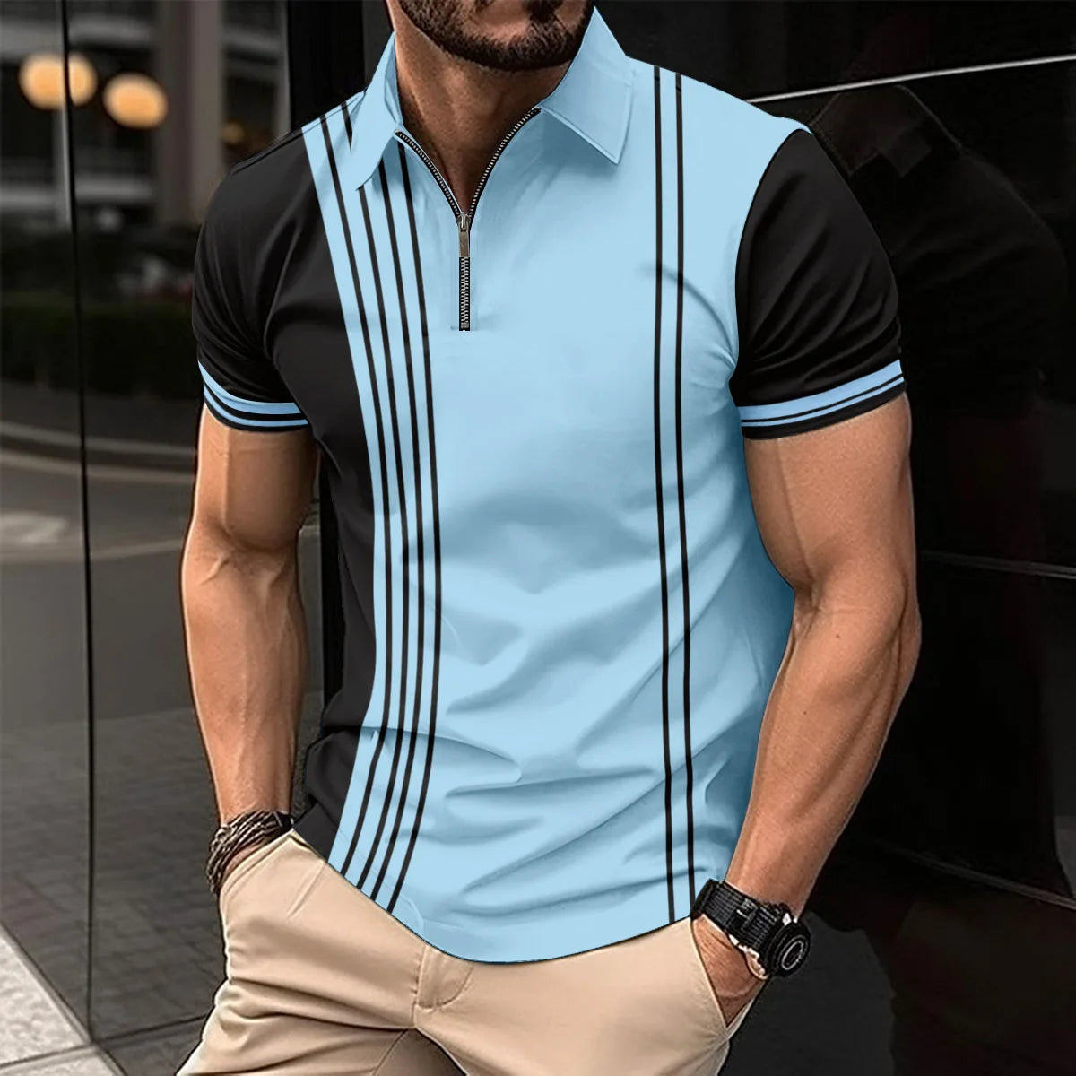 2024 Summer Men's Fashion Lapel Short-Sleeved Striped men's  Polo Shirt