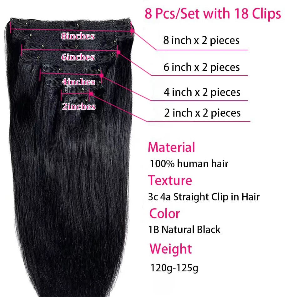 120G 8Pcs/Sets Clip In Hair Extensions Human Hair  For Women