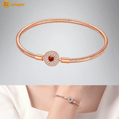 Volayer 925 Sterling Silver Bracelets Pavé Heart Shell Feathers Dreamcatcher Crown Clasp Snake Chain Bracelets Love Wing Bangles