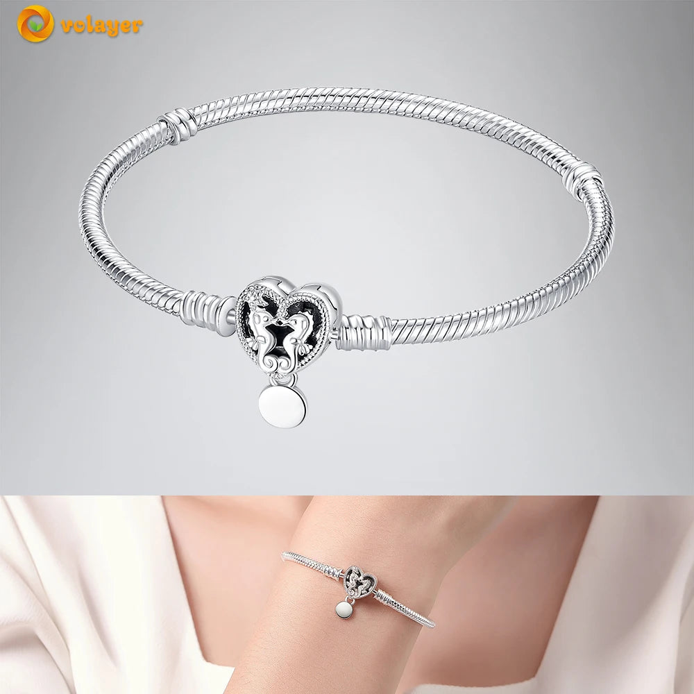 Volayer 925 Sterling Silver Bracelets Pavé Heart Shell Feathers Dreamcatcher Crown Clasp Snake Chain Bracelets Love Wing Bangles