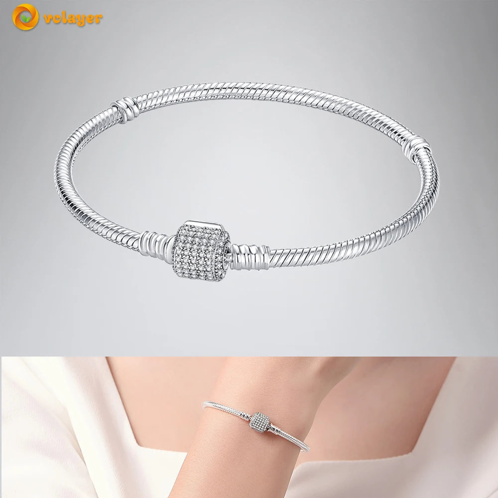 Volayer 925 Sterling Silver Bracelets Pavé Heart Shell Feathers Dreamcatcher Crown Clasp Snake Chain Bracelets Love Wing Bangles