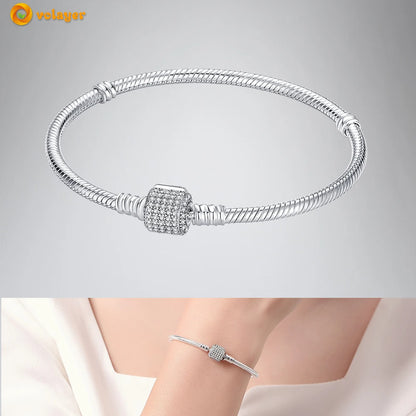 Volayer 925 Sterling Silver Bracelets Pavé Heart Shell Feathers Dreamcatcher Crown Clasp Snake Chain Bracelets Love Wing Bangles