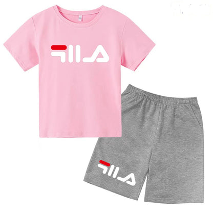 Summer Round Neck T-shirt for Boys Girl+shorts Set Children's Printed Cotton Breathable Leisure Brand Short Sleeve Clothing