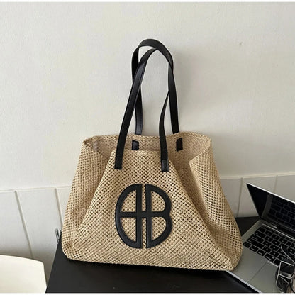 Straw Hollow Out Knitting Tote Bag Large Capacity Handmade Shoulder Handbag Women 2023 Designer Casual Beach Bag Ethnic Style