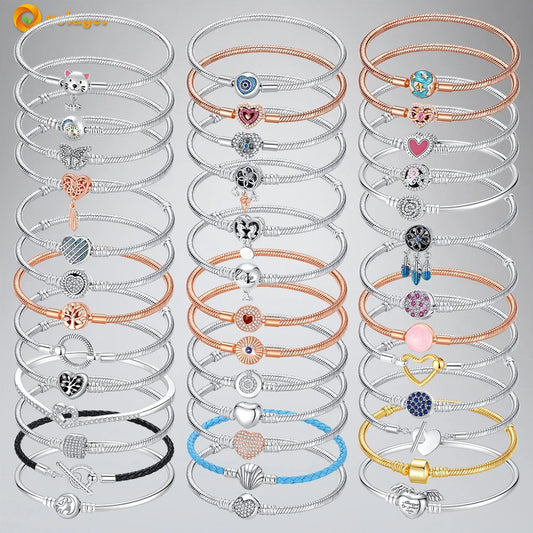 Volayer 925 Sterling Silver Bracelets Pavé Heart Shell Feathers Dreamcatcher Crown Clasp Snake Chain Bracelets Love Wing Bangles