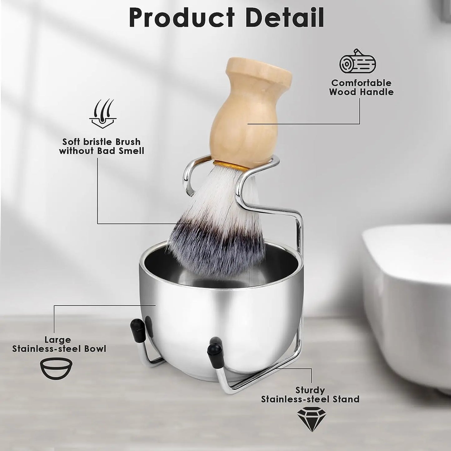 Mens Shaving Brush and Bowl Set, 3-in-l Shaving Bowl & Brush Stand