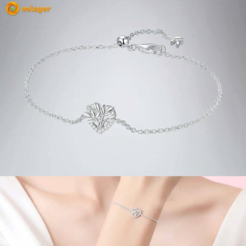 Volayer 925 Sterling Silver Bracelets Pavé Heart Shell Feathers Dreamcatcher Crown Clasp Snake Chain Bracelets Love Wing Bangles