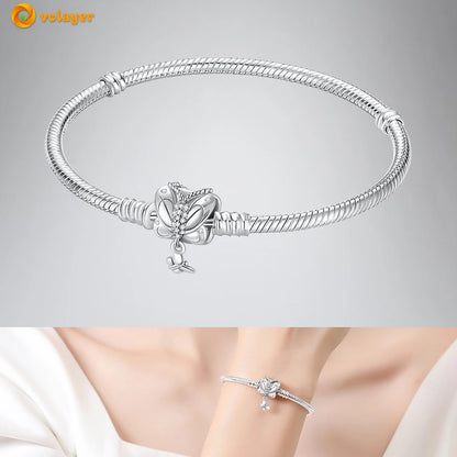 Volayer 925 Sterling Silver Bracelets Pavé Heart Shell Feathers Dreamcatcher Crown Clasp Snake Chain Bracelets Love Wing Bangles