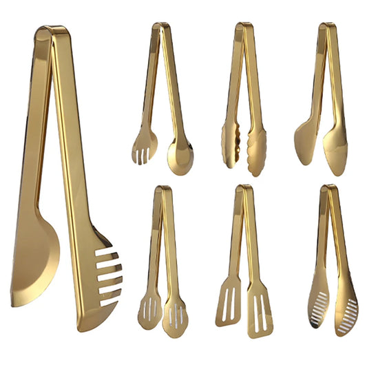 Stainless Steel Gold Kitchen BBQ Tongs Multiple Styles Cake Clip Food Steak Clamp Kitchenware Accessories Home Cooking Utensils