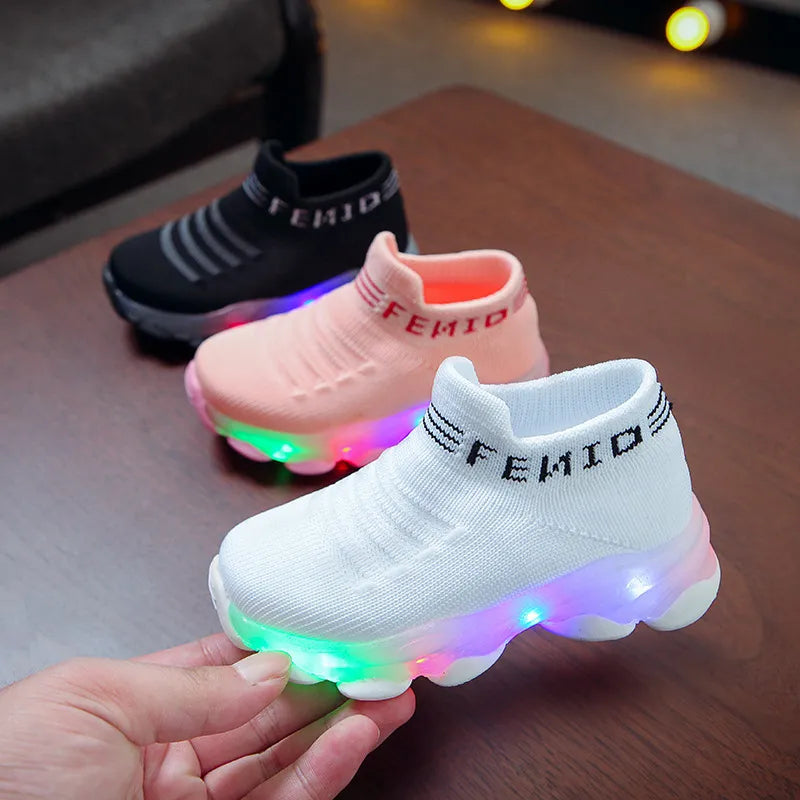 Kids Sneakers Children Baby Girls Boys Letter Mesh Leds Shoes