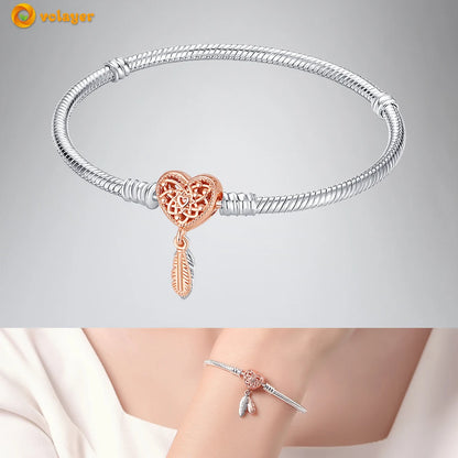 Volayer 925 Sterling Silver Bracelets Pavé Heart Shell Feathers Dreamcatcher Crown Clasp Snake Chain Bracelets Love Wing Bangles