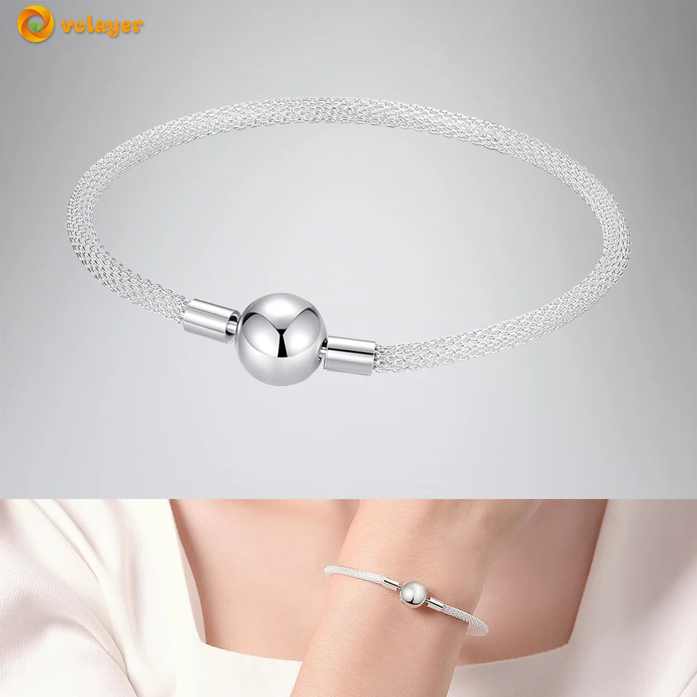 Volayer 925 Sterling Silver Bracelets Pavé Heart Shell Feathers Dreamcatcher Crown Clasp Snake Chain Bracelets Love Wing Bangles