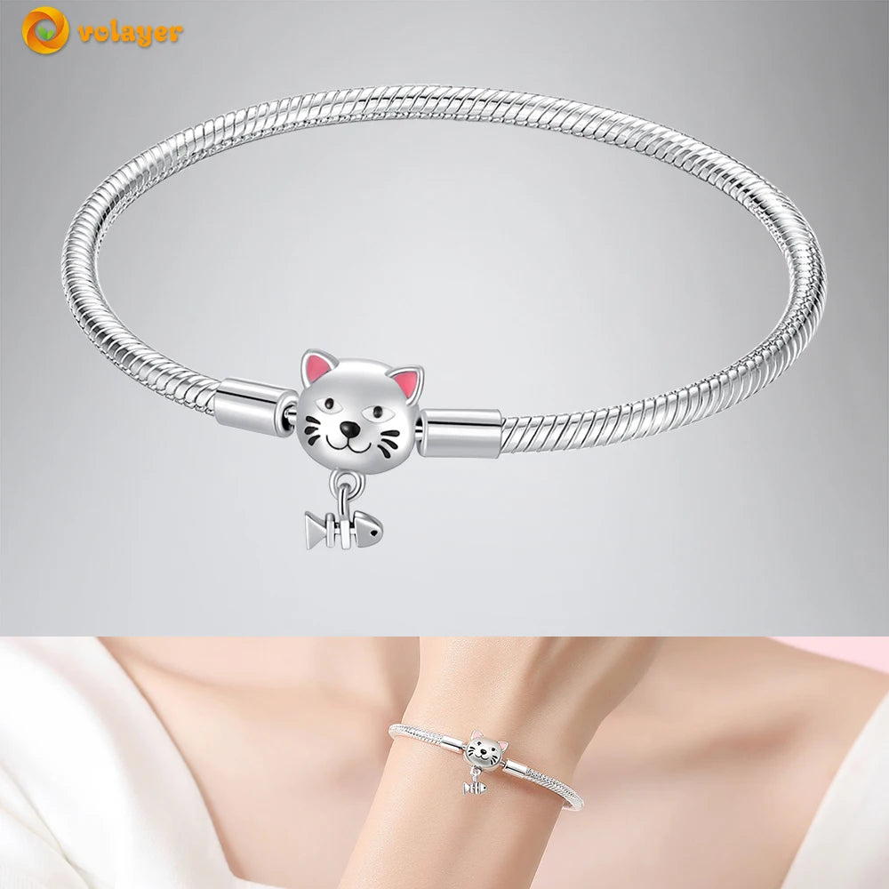 Volayer 925 Sterling Silver Bracelets Pavé Heart Shell Feathers Dreamcatcher Crown Clasp Snake Chain Bracelets Love Wing Bangles