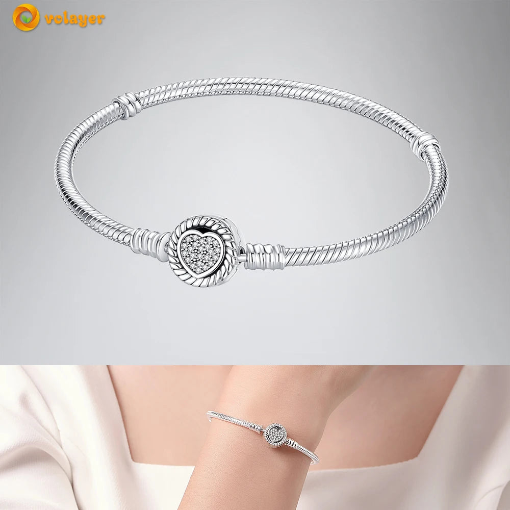 Volayer 925 Sterling Silver Bracelets Pavé Heart Shell Feathers Dreamcatcher Crown Clasp Snake Chain Bracelets Love Wing Bangles