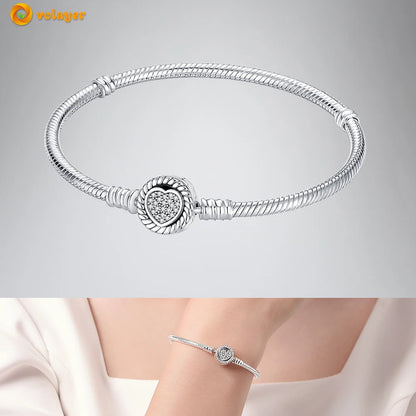 Volayer 925 Sterling Silver Bracelets Pavé Heart Shell Feathers Dreamcatcher Crown Clasp Snake Chain Bracelets Love Wing Bangles