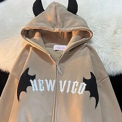 Hip Hop Gothic Bat Wing Devil Horn Gothic Zip Up