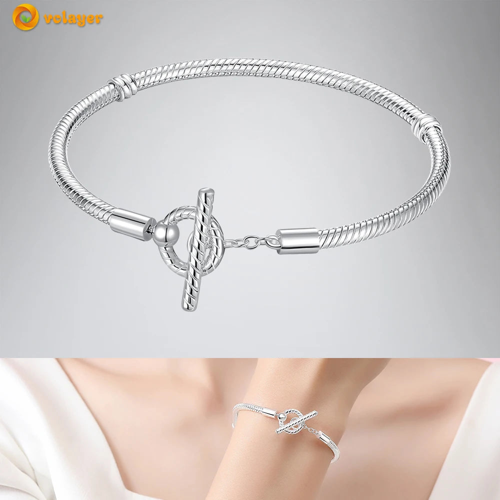 Volayer 925 Sterling Silver Bracelets Pavé Heart Shell Feathers Dreamcatcher Crown Clasp Snake Chain Bracelets Love Wing Bangles