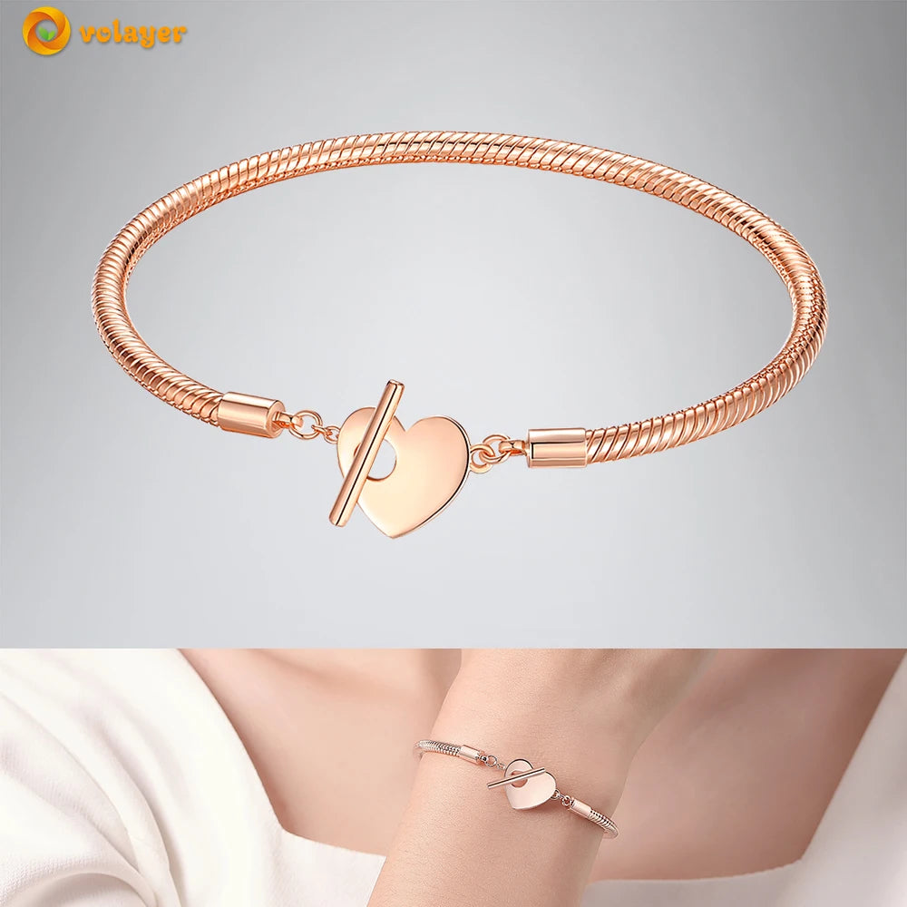 Volayer 925 Sterling Silver Bracelets Pavé Heart Shell Feathers Dreamcatcher Crown Clasp Snake Chain Bracelets Love Wing Bangles