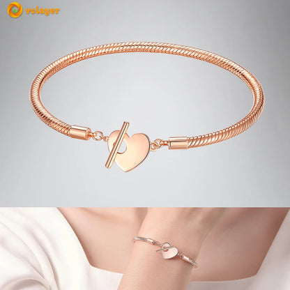 Volayer 925 Sterling Silver Bracelets Pavé Heart Shell Feathers Dreamcatcher Crown Clasp Snake Chain Bracelets Love Wing Bangles