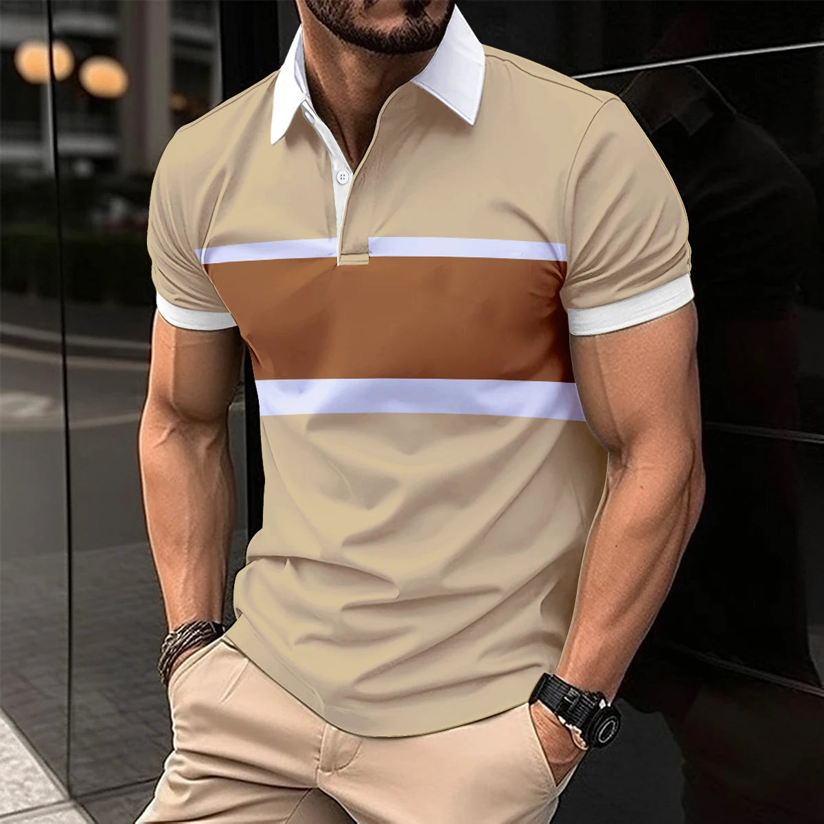 2024 Summer Men's Fashion Lapel Short-Sleeved Striped men's  Polo Shirt