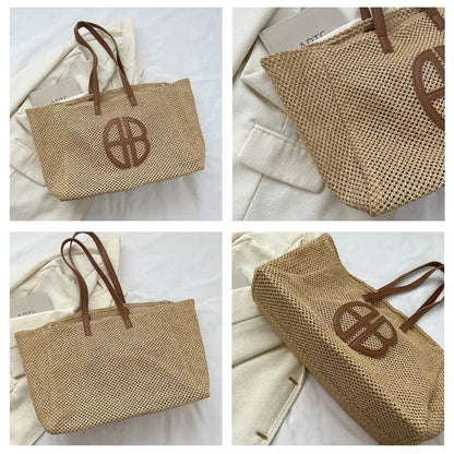 Straw Hollow Out Knitting Tote Bag Large Capacity Handmade Shoulder Handbag Women 2023 Designer Casual Beach Bag Ethnic Style
