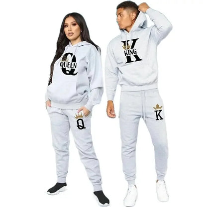 2024 New KING QUEEN Print Hooded Couple Seweater Pants 2-Piece Set Unisex