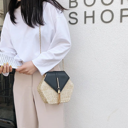 Hexagon Mulit Style Straw+leather Handbag WomeN