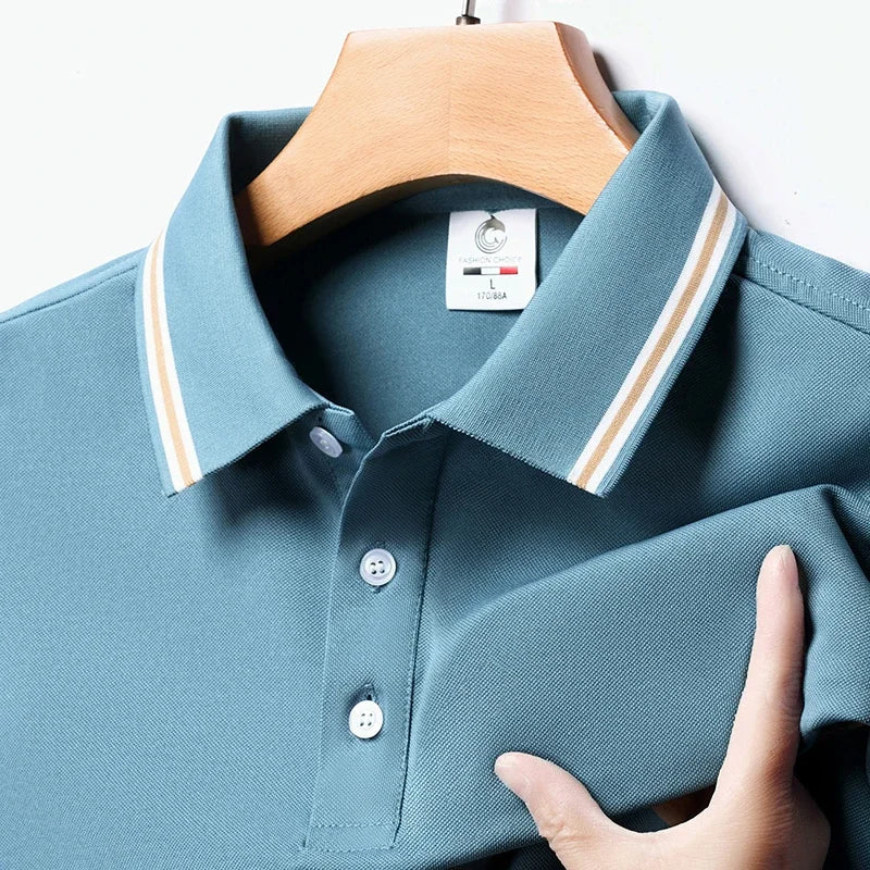 Men's Fashion Solid Short Sleeved Striped Lapel Polo Shirt