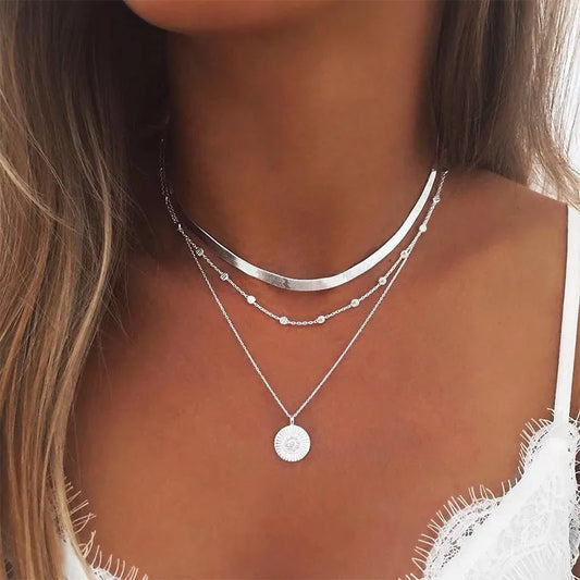 925 Sterling Silver Three-Layer Round Necklace Simple Snake