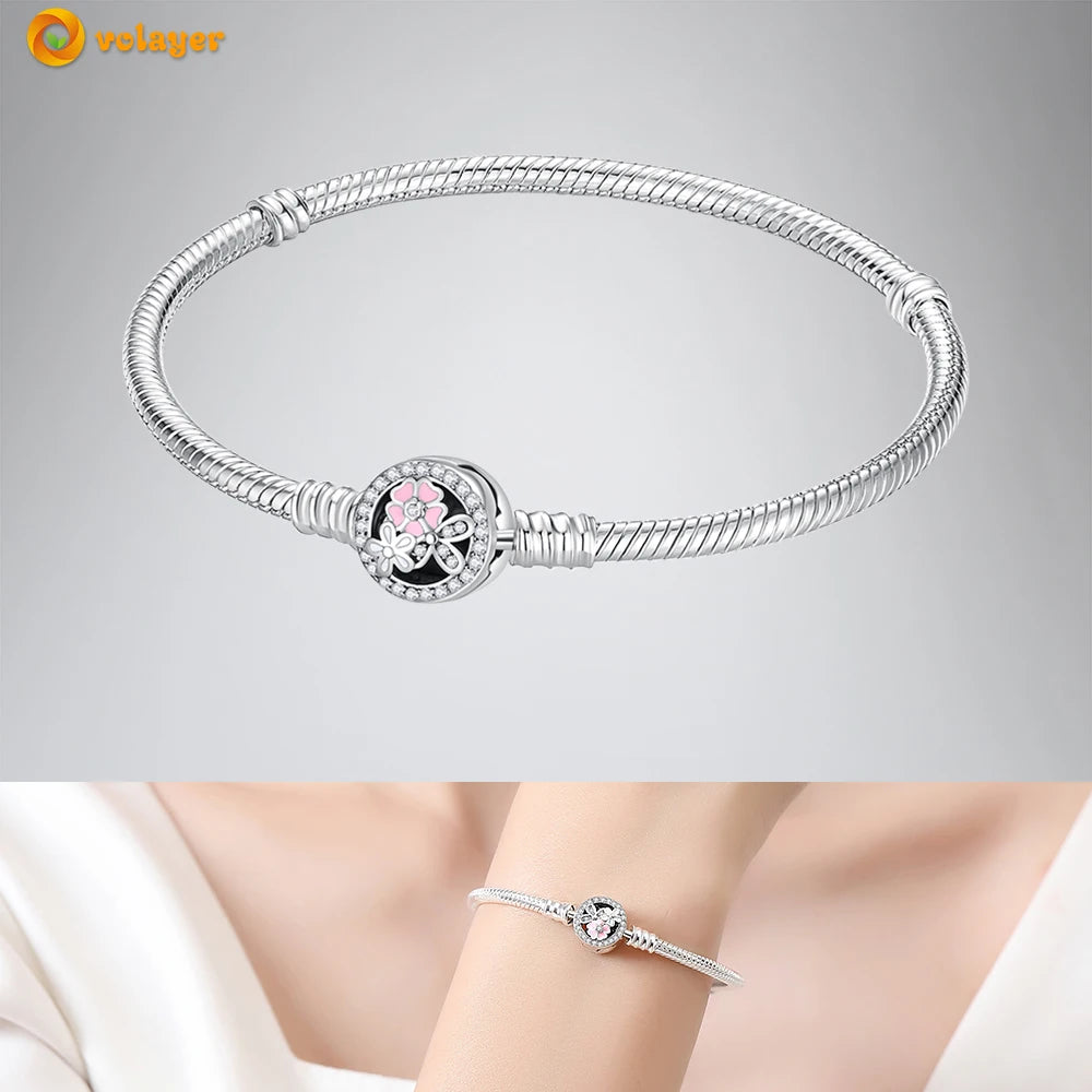 Volayer 925 Sterling Silver Bracelets Pavé Heart Shell Feathers Dreamcatcher Crown Clasp Snake Chain Bracelets Love Wing Bangles