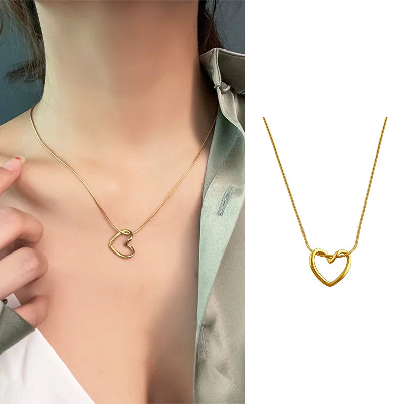 Fashion Twist Heart Pendant Necklace For Women Girls 18K Gold Plated Stainless Steel Chain Necklace