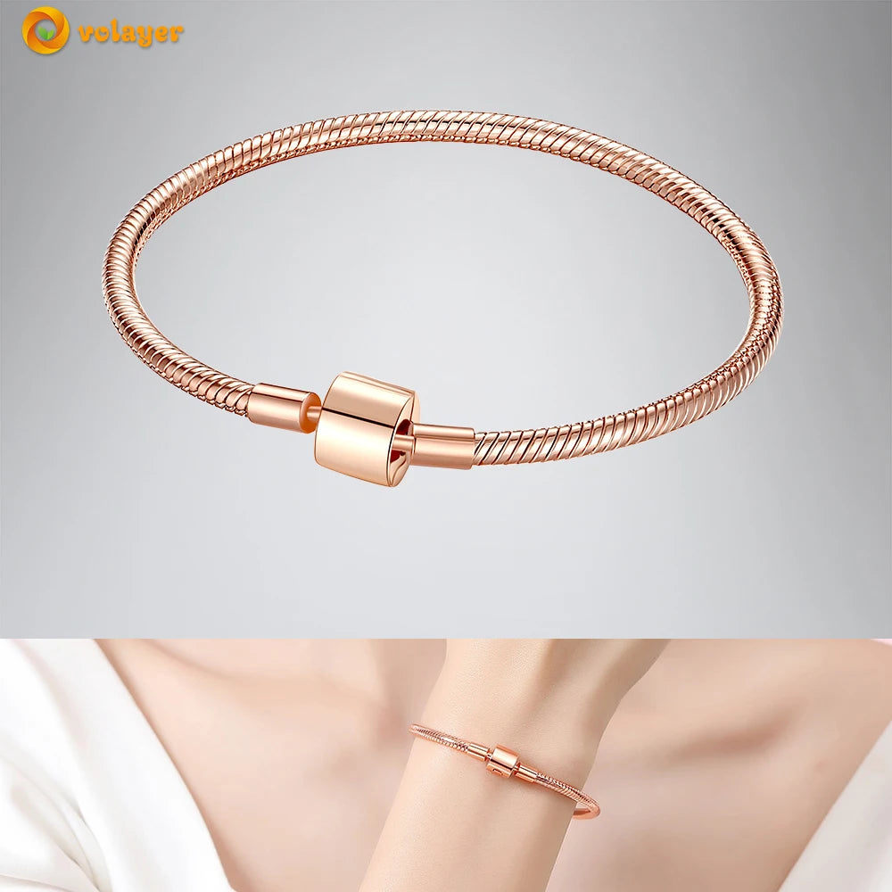 Volayer 925 Sterling Silver Bracelets Pavé Heart Shell Feathers Dreamcatcher Crown Clasp Snake Chain Bracelets Love Wing Bangles