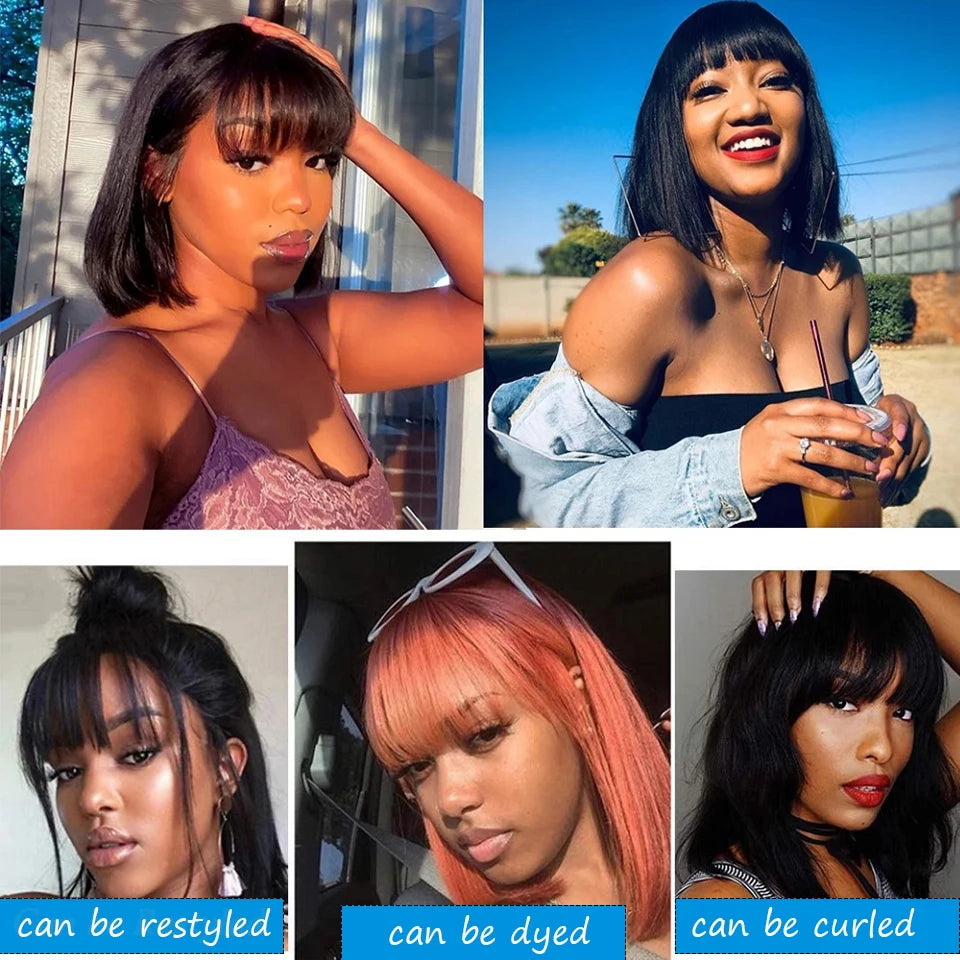 Brazilian Human Hair Wig with Bangs  for Women 8-16 Inches