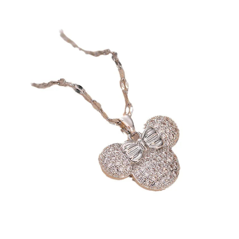 Disney Cartoon Bowknot Minnie Mouse Head Pendant Necklace for Women Girls Stainless Steel Chain Birthday Gifts for Friends