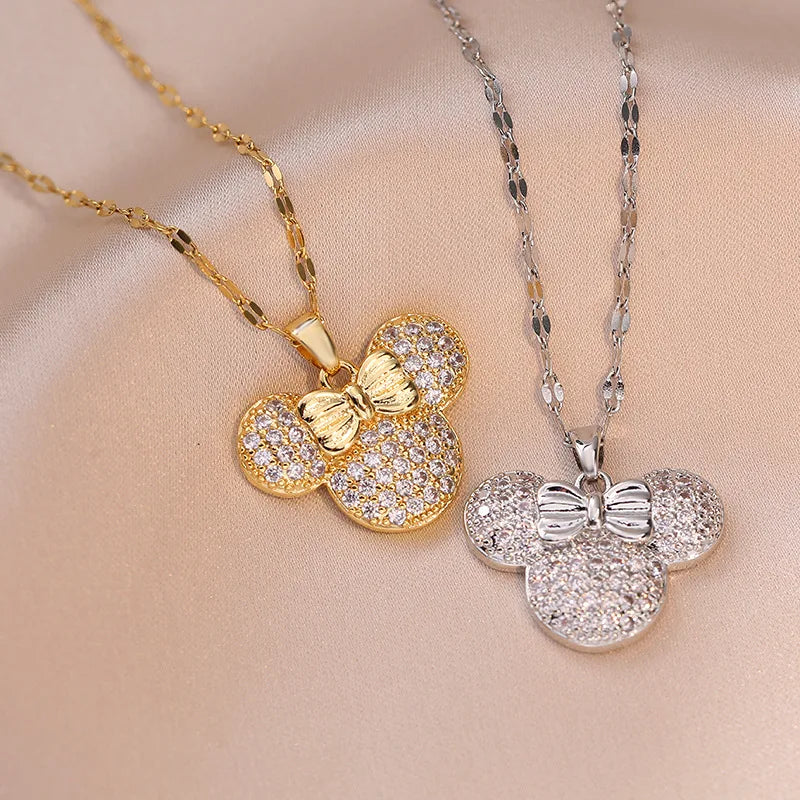 Disney Cartoon Bowknot Minnie Mouse Head Pendant Necklace for Women Girls Stainless Steel Chain Birthday Gifts for Friends