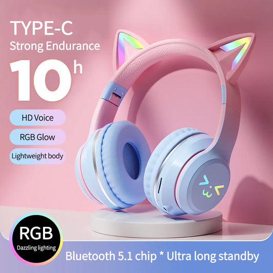 Gradient wireless Headphones RGB cute cat ear Bluetooth