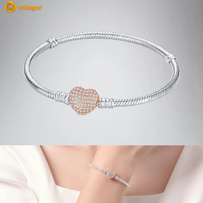 Volayer 925 Sterling Silver Bracelets Pavé Heart Shell Feathers Dreamcatcher Crown Clasp Snake Chain Bracelets Love Wing Bangles