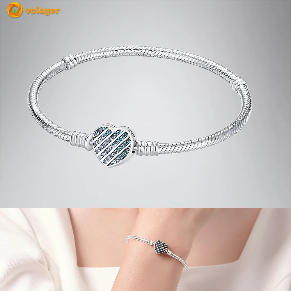 Volayer 925 Sterling Silver Bracelets Pavé Heart Shell Feathers Dreamcatcher Crown Clasp Snake Chain Bracelets Love Wing Bangles