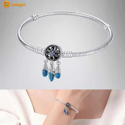 Volayer 925 Sterling Silver Bracelets Pavé Heart Shell Feathers Dreamcatcher Crown Clasp Snake Chain Bracelets Love Wing Bangles