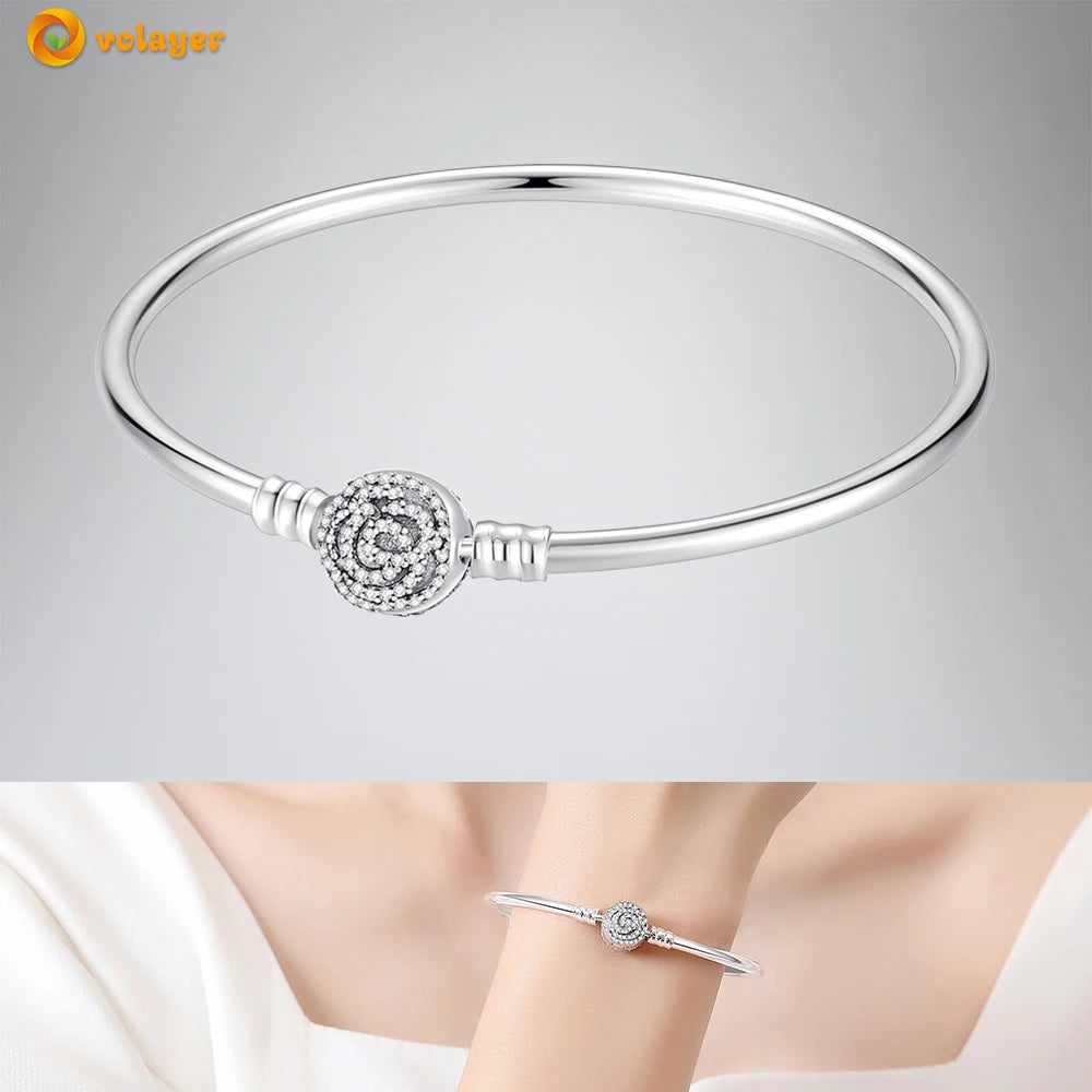 Volayer 925 Sterling Silver Bracelets Pavé Heart Shell Feathers Dreamcatcher Crown Clasp Snake Chain Bracelets Love Wing Bangles