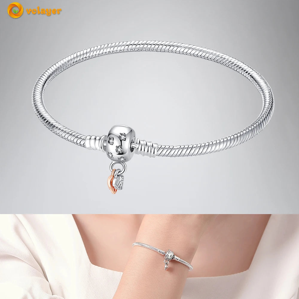 Volayer 925 Sterling Silver Bracelets Pavé Heart Shell Feathers Dreamcatcher Crown Clasp Snake Chain Bracelets Love Wing Bangles