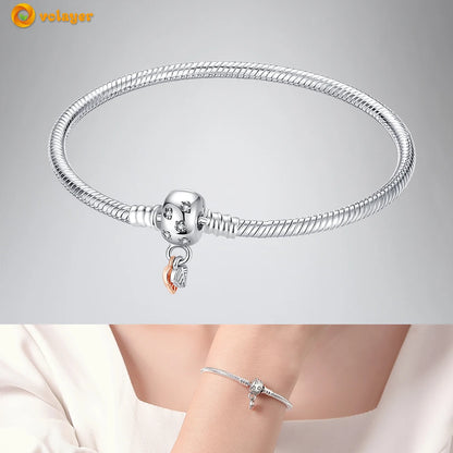 Volayer 925 Sterling Silver Bracelets Pavé Heart Shell Feathers Dreamcatcher Crown Clasp Snake Chain Bracelets Love Wing Bangles