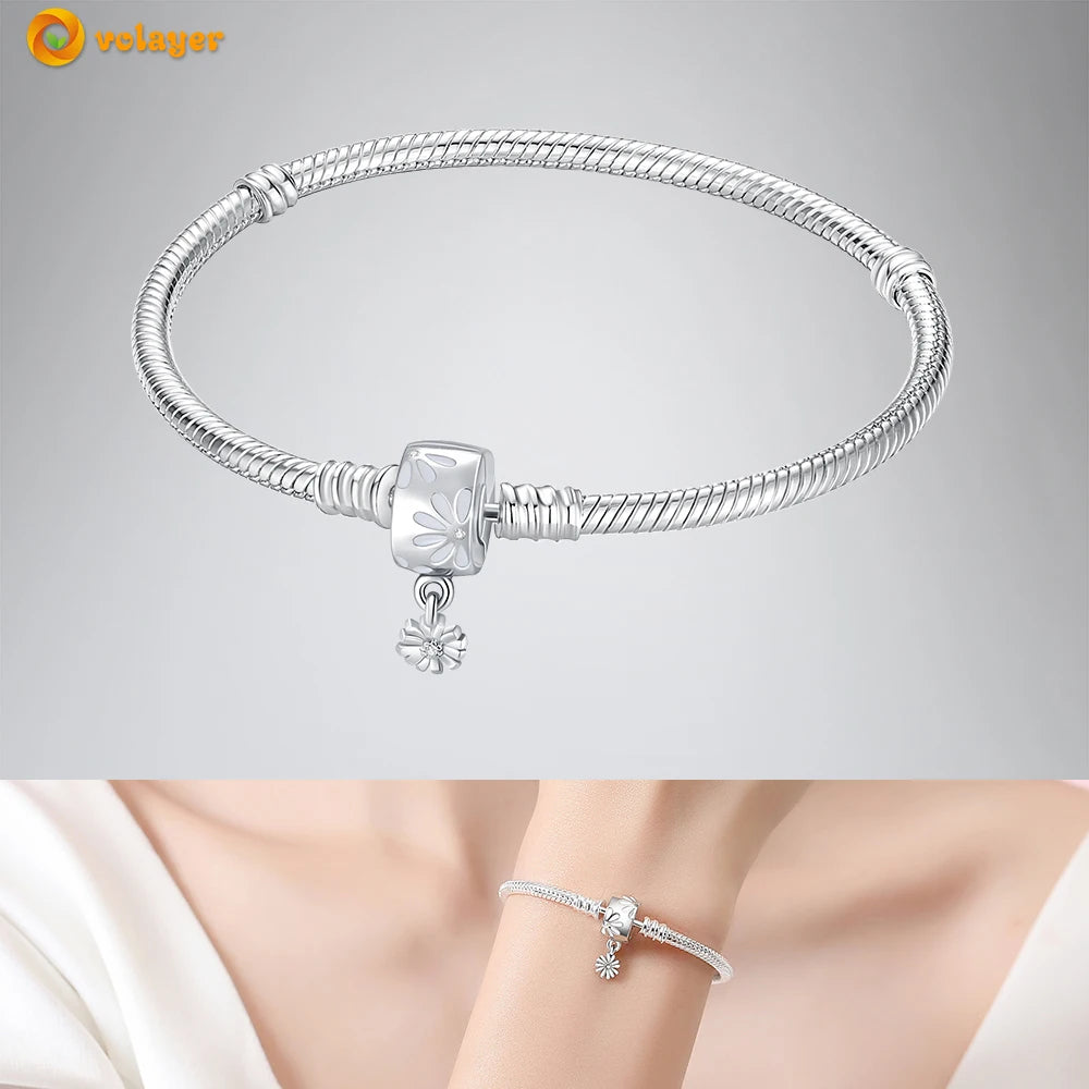 Volayer 925 Sterling Silver Bracelets Pavé Heart Shell Feathers Dreamcatcher Crown Clasp Snake Chain Bracelets Love Wing Bangles