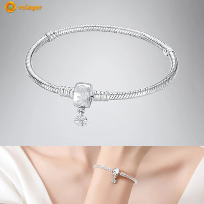 Volayer 925 Sterling Silver Bracelets Pavé Heart Shell Feathers Dreamcatcher Crown Clasp Snake Chain Bracelets Love Wing Bangles