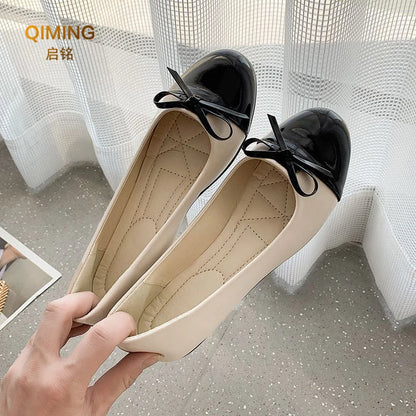 Women Ballet Flats Two Tone Bow Flats Round Toe Shoes For Women Slip On Casual Work Dress Flats Pumps Shallow Mouth Casual Shoes