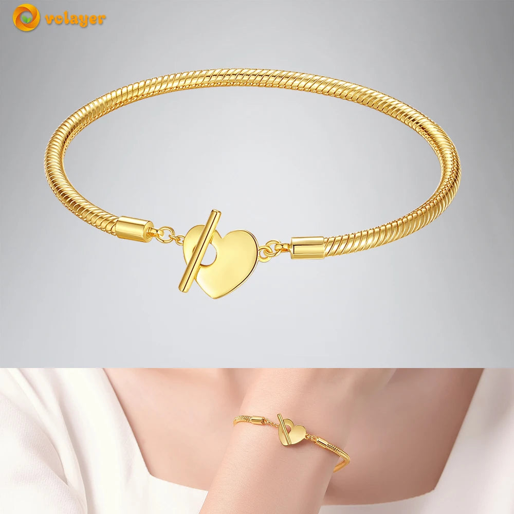 Volayer 925 Sterling Silver Bracelets Pavé Heart Shell Feathers Dreamcatcher Crown Clasp Snake Chain Bracelets Love Wing Bangles