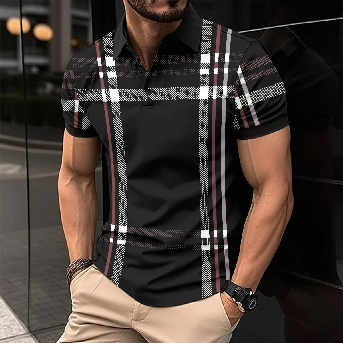 2024 Summer Men's Fashion Lapel Short-Sleeved Striped men's  Polo Shirt