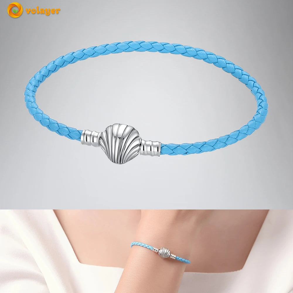 Volayer 925 Sterling Silver Bracelets Pavé Heart Shell Feathers Dreamcatcher Crown Clasp Snake Chain Bracelets Love Wing Bangles